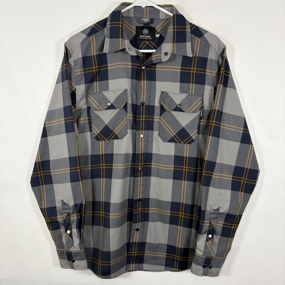 Flylow Handlebar Tech Flannel Shirt Mens Medium Blue Orange Plaid Snap Front